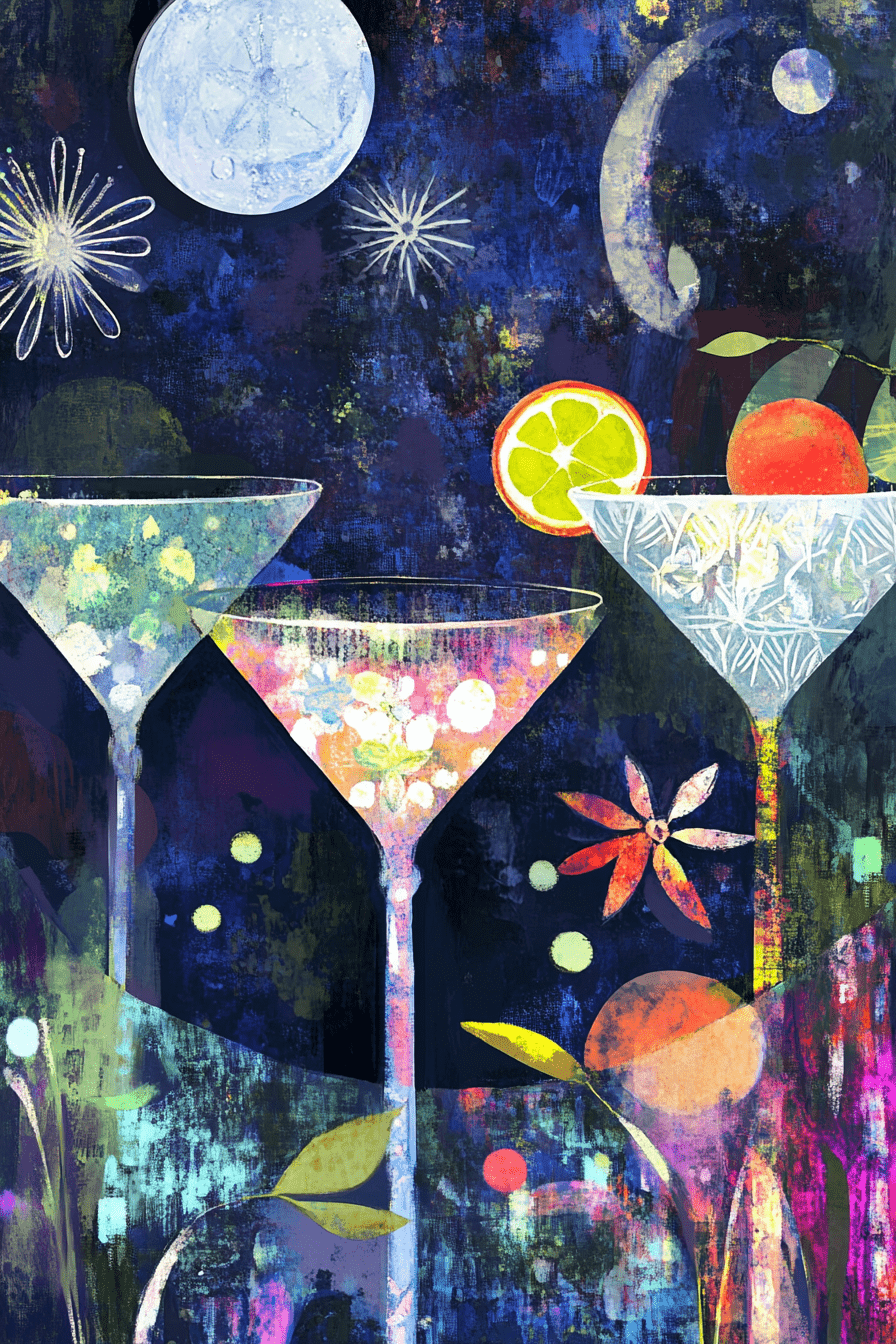 Colorful abstract artwork of martini glasses with fruit and moon phases.