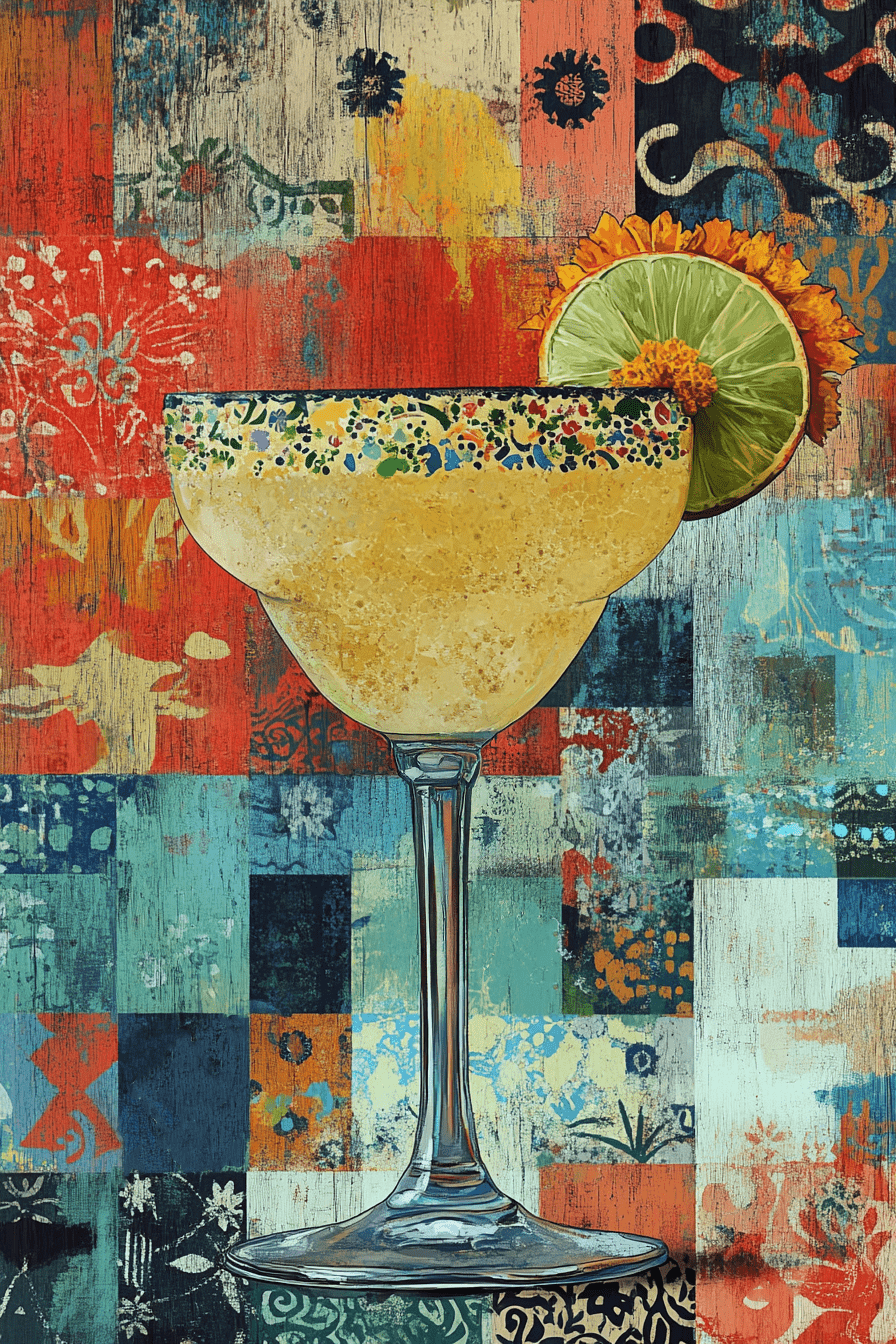 Fiesta Fragments margarita art print with colorful patchwork background featuring teal, orange, red, and yellow patterns with lime garnish