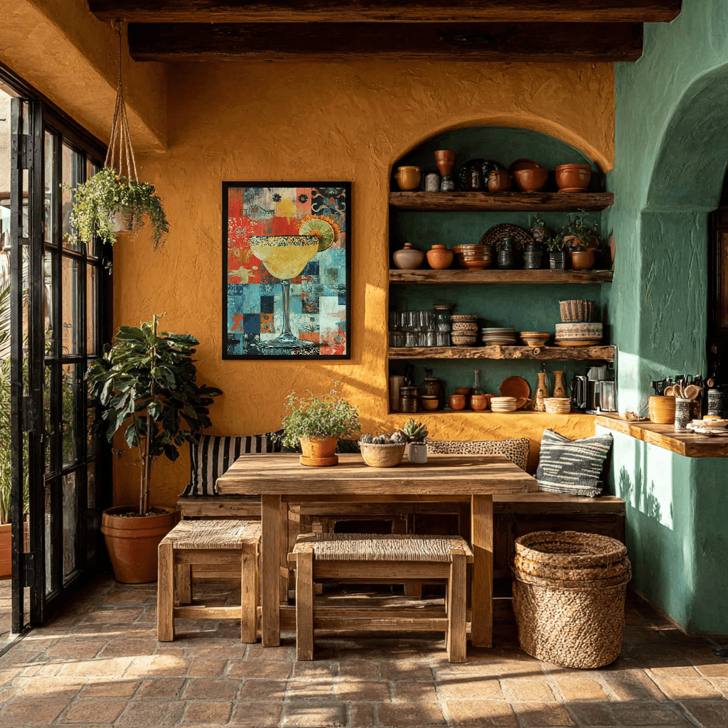 Fiesta Fragments print displayed in southwestern dining room with terra cotta walls, turquoise arch, wooden table, and pottery collection