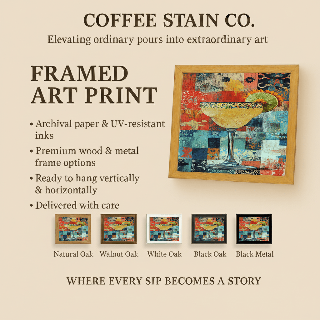 Coffee Stain Co. framed art print specifications showing Fiesta Fragments design in five frame color options - Natural Oak, Walnut Oak, White Oak, Black Oak, and Black Metal