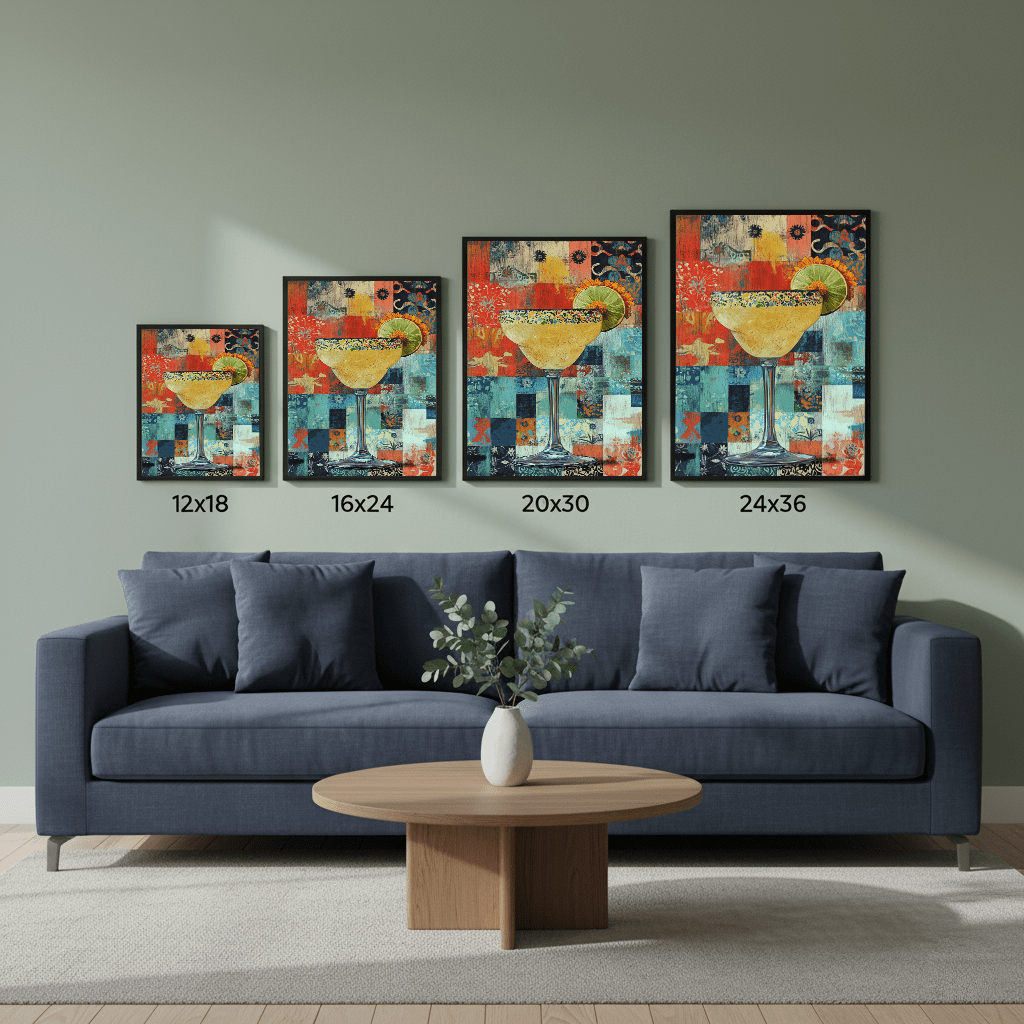 Fiesta Fragments art print size comparison showing 12x18, 16x24, 20x30, and 24x36 inch options above gray sofa with round coffee table