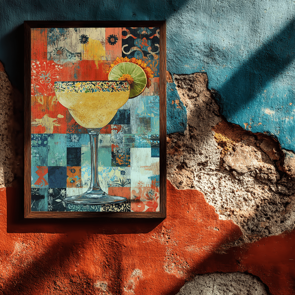 Fiesta Fragments framed margarita art on textured turquoise and terracotta wall with dramatic natural shadows and weathered plaster