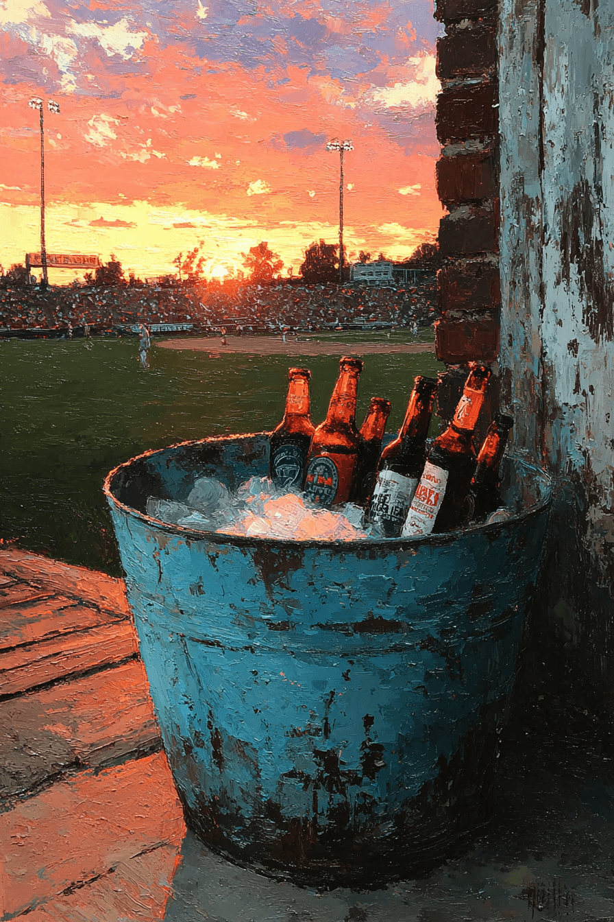 Golden Hour Game Day art print featuring weathered turquoise beer bucket with ice and bottles on wooden deck with sunset baseball stadium in background