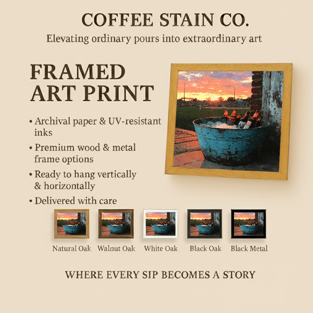 Coffee Stain Co. framed art print specifications showing Golden Hour Game Day design in five frame color options - Natural Oak, Walnut Oak, White Oak, Black Oak, and Black Metal