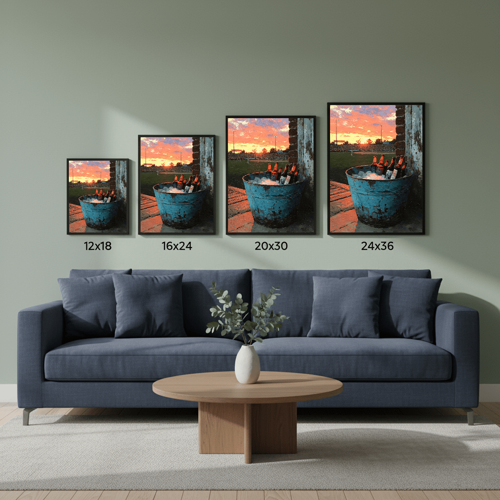 Set of four Golden Hour Game Day framed art prints in 12×18, 16×24, 20×30, and 24×36 sizes displayed above gray sofa in modern living room