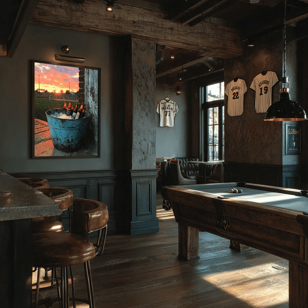 Golden Hour Game Day framed art print displayed in sports bar with pool table, vintage baseball jerseys on wall, and industrial lighting