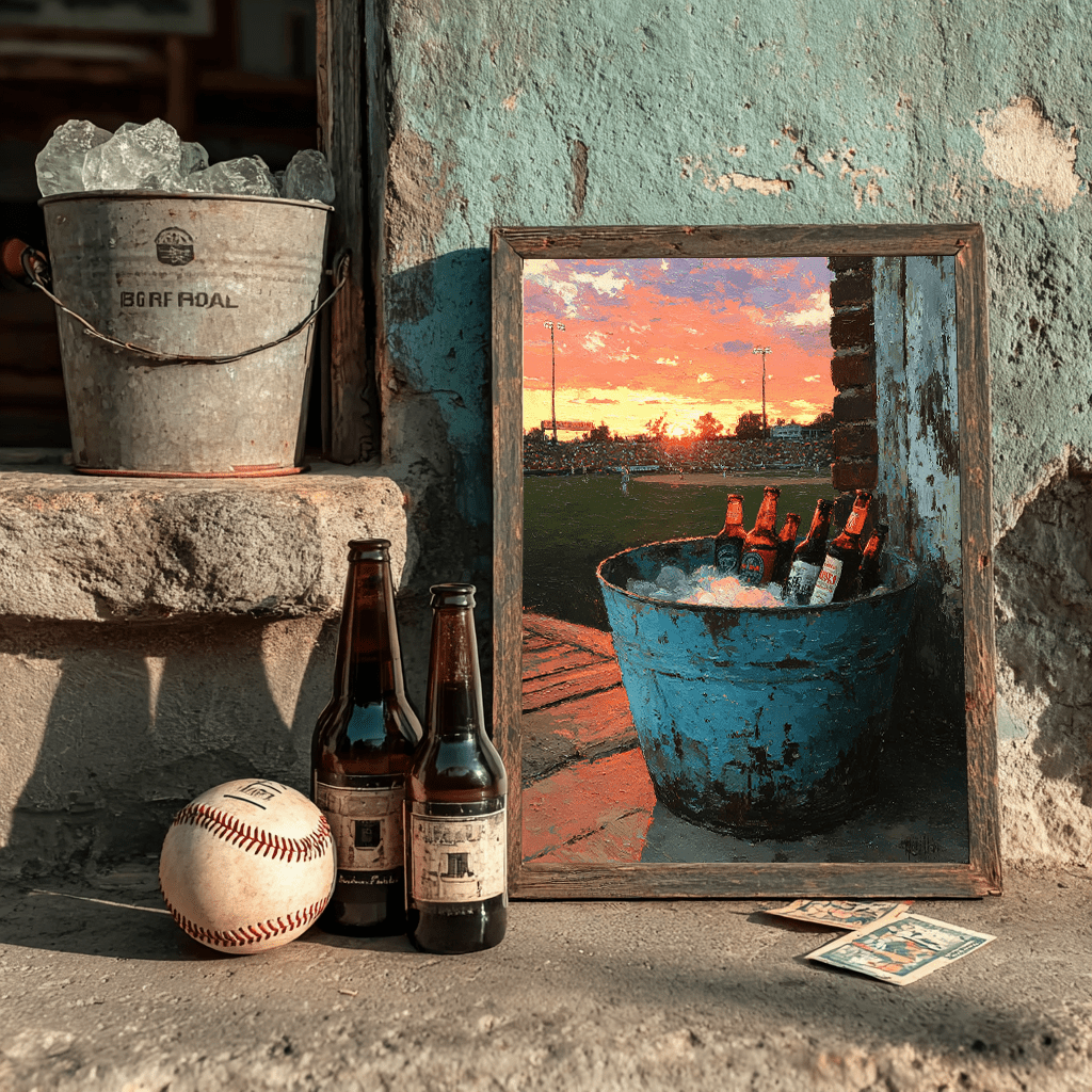 Golden Hour Game Day framed art print styled on rustic concrete surface with baseball, beer bottles, vintage baseball cards, and ice bucket